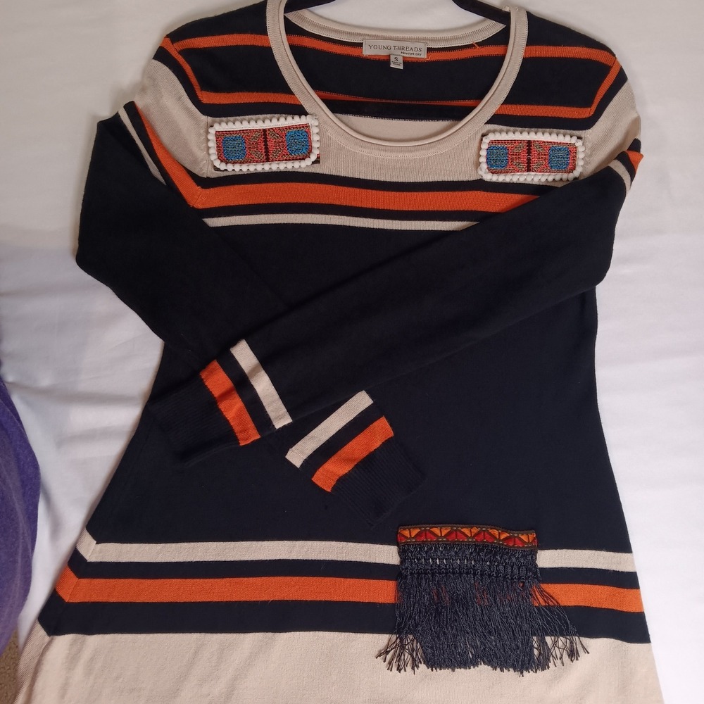 Young Threads Knit Tunic Top, Orange Stripe, Beaded Applique, Women's‎ Size S
